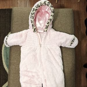 Baby girls faux snow suit. Soft pink with leopard design. Great condition.